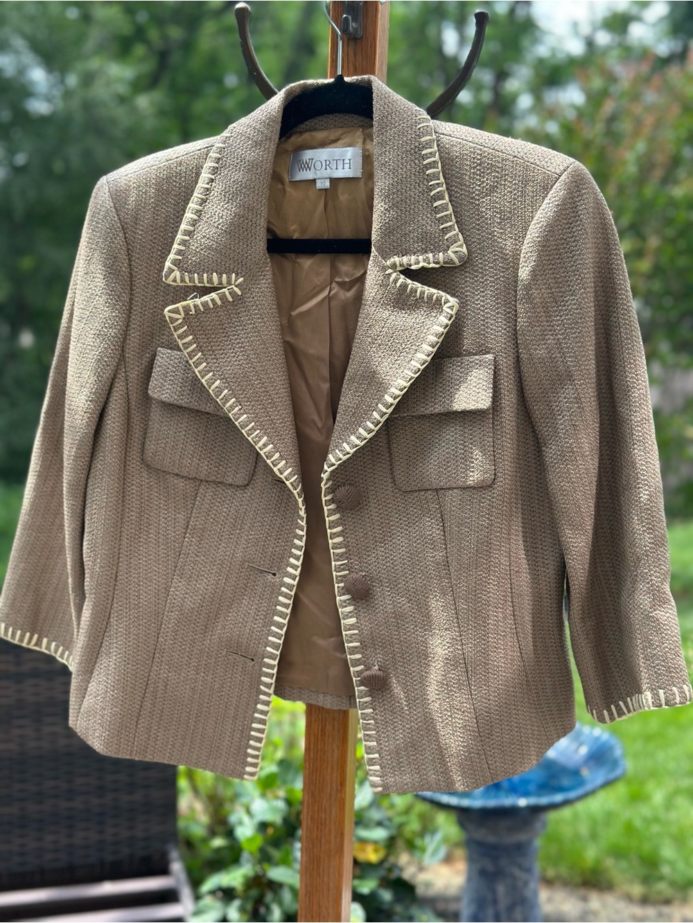 Worth Taupe Textured Jacket Whipstitch Trim Cotton Polyamide Blend Designer